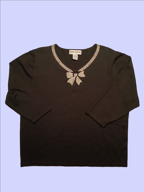 Cathy Daniels Sweaters - 90's Sweetheart Black Sweater with Rhinestone Bow Detail Along Neckline